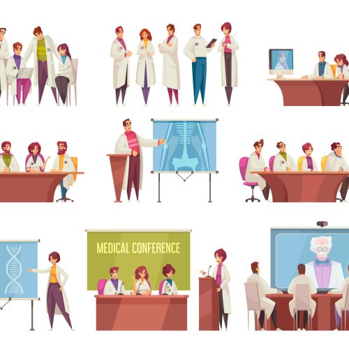 Medical conference icon set with doctors around the table listen information talk and gain new knowledge vector illustration